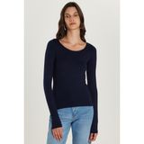 Kadın Slim Fit Dar Kesim Uzun Kollu Viskon Lacivert Bluz