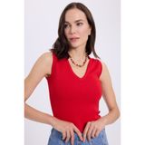 Kadın Slim Fit Dar Kesim V Yaka Sıfır Kol Pamuklu Ribanalı Kırmızı Bluz