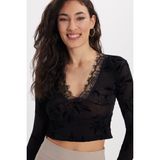 Kadın Slim Fit Dar Kesim V Yaka Uzun Kollu Dantel Detaylı Siyah Bluz