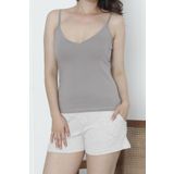 Kadın Şortlu Pijama Takımı İp Askılı Likrali Cepli Kaşkorse Şort VİZON