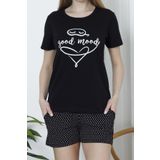 Kadın Şortlu Pijama Takımı Kısa Kollu Pamuklu Cepli Likralı SİYAH