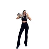 Kadın Spor Giyim Seti, Lacivert Crop Top ve Yüksek Bel Geniş Paça Pantolon, 2 Parça (Siyah, L)