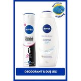 Kadın Sprey Deodorant Black&White Invisible Clear 150ml ve Creme Soft Duş Jeli 750ml, Lif Hediyeli