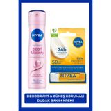 Kadın Sprey Deodorant Pearl&Beauty 150ml ve Yüksek Güneş Korumalı Dudak Bakım Kremi, SPF50