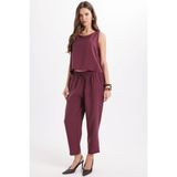 Kadın Standart Fit Normal Kesim Likralı Bisiklet Yaka Bluz Geniş Paça Bordo Pantolon Takım