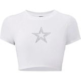 Kadın Star Kristal Taş Baskılı Crop T-Shirt Beyaz - M