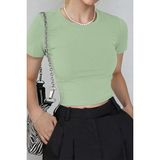 Kadın Su Yeşil Bisiklet Yaka Likralı Kısa Kol Body Crop Bluz - Açik Yeşil - 2XL