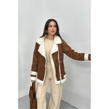 Kadın Süet Mont Oversize Içi Kürklü Fermuarlı Cepli Kol Detaylı Ceket Yaka Kışlık Kaban - Taba - 36