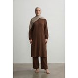 Kadın Şuranur Düğmeli Gömlek Yaka Tunik Takım 2xl 6xl Tesettüre Uygun Basic Stil - 3XL - Kahverengi