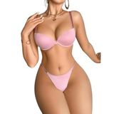 Kadın Sütyen ve Tanga Takımı, Pembe, Push-Up, Ayarlanabilir Askılı, İnce Askılı Bikini Alt (l)