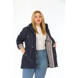 Kadın Suya Dayanıklı Büyük Beden Trençkot Kapüşonlu Ekoseli Haki Trençkot Bonded Kumaş Trençkot - Lacivert - Navy Blue - 54