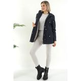 Kadın Suya Dayanıklı Trençkot Kapüşonlu Ekoseli Vizon Trençkot Bonded Kumaş Trençkot - Lacivert - Navy Blue - 38