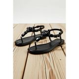Kadın T-Strap Sandalet Bilekten Bağlamalı Taş Detaylı Düz Topuklu Yaz Ayakkabısı Günlük Rahat Modern
