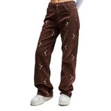 Kadın Taba Renk 7w442 Loose Fit Nakışlı Fitilli Kadife Pantolon Taba 38