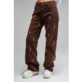 Kadın Taba Renk 7w442 Loose Fit Nakışlı Fitilli Kadife Pantolon Taba 40