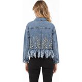Kadın Tasarım Denim Ceket Inci Zincir Taş ve Boncuk Işleme Detaylı Mavi Yırtıklı Püsküllü Kot Mont