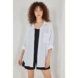 Kadın Tek Cepli Oversize Viskon Beyaz Gömlek - 38