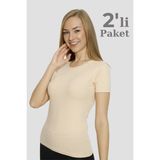Kadın Ten Rengi Basic Tişört 2'li Paket Pamuklu Likralı Esnek Kısa Kol Fanila - XL