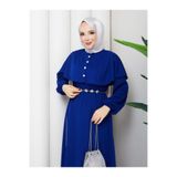 Kadın Tesettür Abiye Elbise, Çıkarılabilir Bolerolu, 140 cm Uzun Boy, Krep Kumaş, Kemerli Uzun Kollu, Saks, Exxit Collection