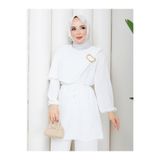 Kadın Tesettür Ayrobin Alt Üst Takım, 75 cm Gömlek ve 100 cm Pantolon, İp Bağlamalı Bel, Uzun Kollu Rahat Kesim, Beyaz, Exxit Collection