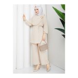 Kadın Tesettür Ayrobin Alt Üst Takım, 75 cm Gömlek ve 100 cm Pantolon, İp Bağlamalı Bel, Uzun Kollu Rahat Kesim, Ekru, Exxit Collection