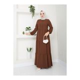 Kadın Tesettür Ayrobin Uzun Elbise, Bisiklet Yaka, Uzun Kollu, Bağcıklı Kemerli, Düğmeli Rahat Regular Kesim, Kahverengi, Exxit Collection