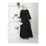 Kadın Tesettür Ayrobin Uzun Elbise, Bisiklet Yaka, Uzun Kollu, Bağcıklı Kemerli, Düğmeli Rahat Regular Kesim, Siyah, Exxit Collection