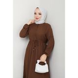 Kadın Tesettür Bürümcük Uzun Elbise, Bisiklet Yaka, Uzun Kollu, Bağcıklı Kemerli, Düğmeli Rahat Kesim, Kahverengi, Exxit Collection