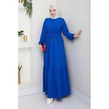 Kadın Tesettür Bürümcük Uzun Elbise, Bisiklet Yaka, Uzun Kollu, Bağcıklı Kemerli, Düğmeli Rahat Kesim, Saks, Exxit Collection