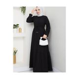 Kadın Tesettür Bürümcük Uzun Elbise, Bisiklet Yaka, Uzun Kollu, Bağcıklı Kemerli, Düğmeli Rahat Kesim, Siyah, Exxit Collection