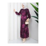 Kadın Tesettür Cesika Kumaş Uzun Elbise, 140 cm, Baskı Desenli, Kemerli, Bisiklet Yaka, Uzun Kollu Regular Kesim, Bordo, Exxit Collection