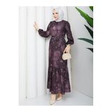 Kadın Tesettür Cesika Kumaş Uzun Elbise, 140 cm, Baskı Desenli, Kemerli, Bisiklet Yaka, Uzun Kollu Regular Kesim, Kahverengi, Exxit Collection