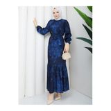 Kadın Tesettür Cesika Kumaş Uzun Elbise, 140 cm, Baskı Desenli, Kemerli, Bisiklet Yaka, Uzun Kollu Regular Kesim, Lacivert, Exxit Collection