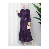 Kadın Tesettür Cesika Kumaş Uzun Elbise, 140 cm, Baskı Desenli, Kemerli, Bisiklet Yaka, Uzun Kollu Regular Kesim, Mor, Exxit Collection