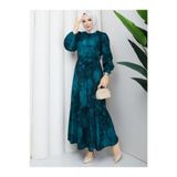 Kadın Tesettür Cesika Kumaş Uzun Elbise, 140 cm, Baskı Desenli, Kemerli, Bisiklet Yaka, Uzun Kollu Regular Kesim, Yeşil, Exxit Collection