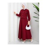Kadın Tesettür Double Kumaş Düğmeli İkili Takım, 53 cm Ceket ve 95 cm Kloş Etek, Duble Kollu Cepli Rahat Kesim, Bordo, Exxit Collection