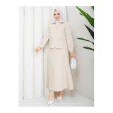 Kadın Tesettür Double Kumaş Fermuarlı İkili Takım, 53 cm Ceket ve 95 cm Kloş Etek, Duble Kollu Cepli Rahat Kesim, Bej, Exxit Collection