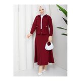 Kadın Tesettür Double Kumaş Fermuarlı İkili Takım, 53 cm Ceket ve 95 cm Kloş Etek, Duble Kollu Cepli Rahat Kesim, Bordo, Exxit Collection