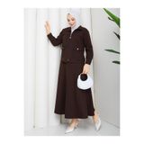 Kadın Tesettür Double Kumaş Fermuarlı İkili Takım, 53 cm Ceket ve 95 cm Kloş Etek, Duble Kollu Cepli Rahat Kesim, Kahverengi, Exxit Collection