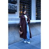 Kadın Tesettür Giyim Uyumlu Oversize Bağlamalı Trençkot | V Yaka | Kemer | Çift Cep | Uzun - Kahverengi - L - XL