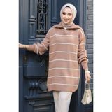 Kadın Tesettür Giyim Yakası Dik Çizgili Fermuarlı Triko Tunik-Kazak - Camel - Standart
