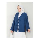 Kadın Tesettür Kimono Gömlek, Keten Uzun Kollu Önü Çift Bağlamalı, Düğmeli Gömlek Yaka Modern Tasarım, Petrol Mavisi, Exxit Collection TYC0839835682Mabs12503010
