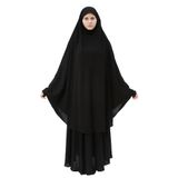 Kadın Tesettür Medine İpeği Çarşaf Takımı Peçeli Sufle ve Etek, Siyah, L-XL