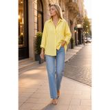 Kadın Tesettür Pamuklu Keten Gömlek, Uzun Kollu Oversize Salaş Kesim, Cepli Düğmeli Overshirt, Sarı, Exxit Collection TPDExitKetenGomlek