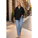Kadın Tesettür Pamuklu Keten Gömlek, Uzun Kollu Oversize Salaş Kesim, Cepli Düğmeli Overshirt, Siyah, Exxit Collection TPDExitKetenGomlek