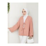 Kadın Tesettür Sofya Keten Gömlek, Uzun Kollu İp Bağlamalı, Rahat Kesim Günlük Kimono Form, Somon, Exxit Collection avkabsgömlek01