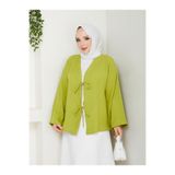 Kadın Tesettür Sofya Keten Gömlek, Uzun Kollu İp Bağlamalı, Rahat Kesim Günlük Kimono Form, Yağ Yeşili, Exxit Collection avkabsgömlek01