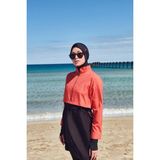 Kadın Tesettür Tek Parça Üst Mayo – Desenli, Su İtici, Hızlı Kuruyan, Parmak Geçmeli Polyester-Elastan Kumaş - Turuncu - Siyah - 3XL