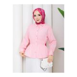 Kadın Tesettür Terikoton Gömlek, Beli Korseli Korse Destekli, Uzun Kollu Düğmeli Gömlek Yaka Regular Kesim, Pembe, Exxit Collection TPDTerikotonKorseTesetturGomlek