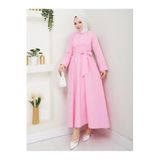 Kadın Tesettür Terikoton Uzun Elbise, Gömlek Yaka, Önü Düğmeli, Sabit Kuşaklı, Uzun Kollu Regular Kesim, Açık Pembe, Exxit Collection